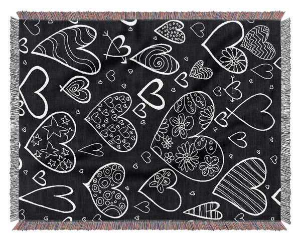 Hearts White On Black Woven Blanket