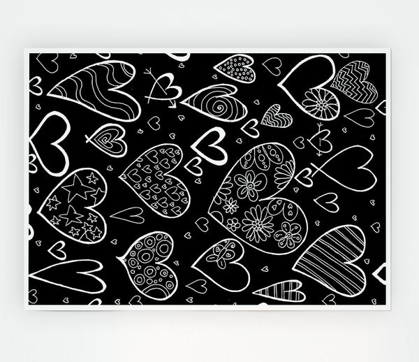 Hearts White On Black Print Poster Wall Art