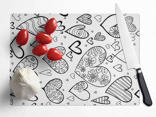 Hearts Black On White Glass Chopping Board