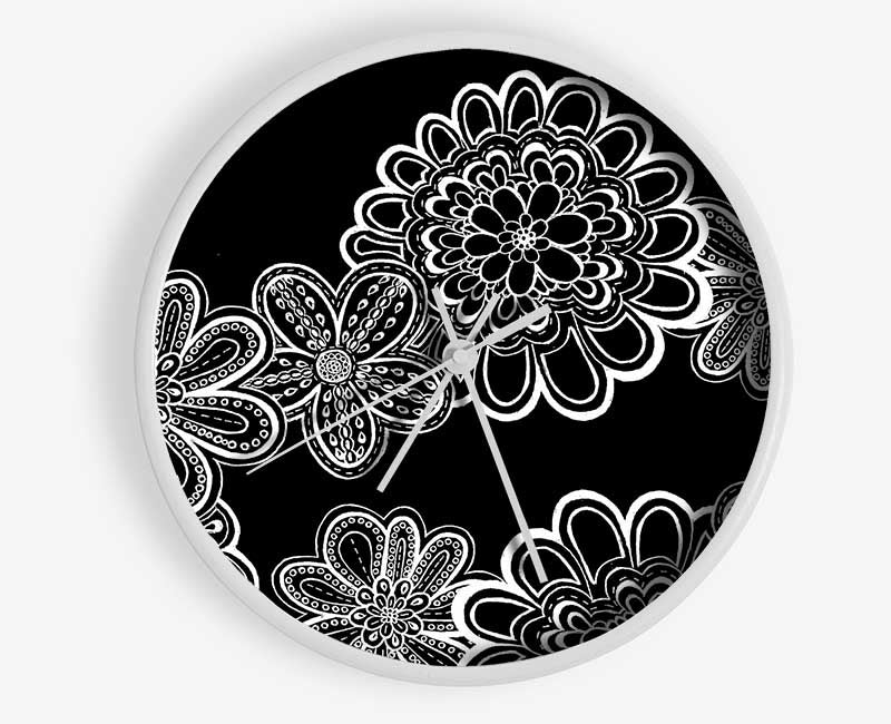 White On Black Bloom Clock - Wallart-Direct UK