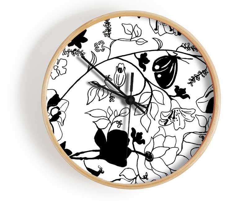 Floral Desire Black On White Clock - Wallart-Direct UK