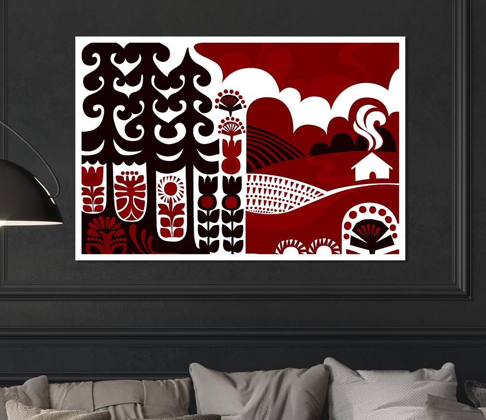 Abstract Hills Maroon Print Poster Wall Art