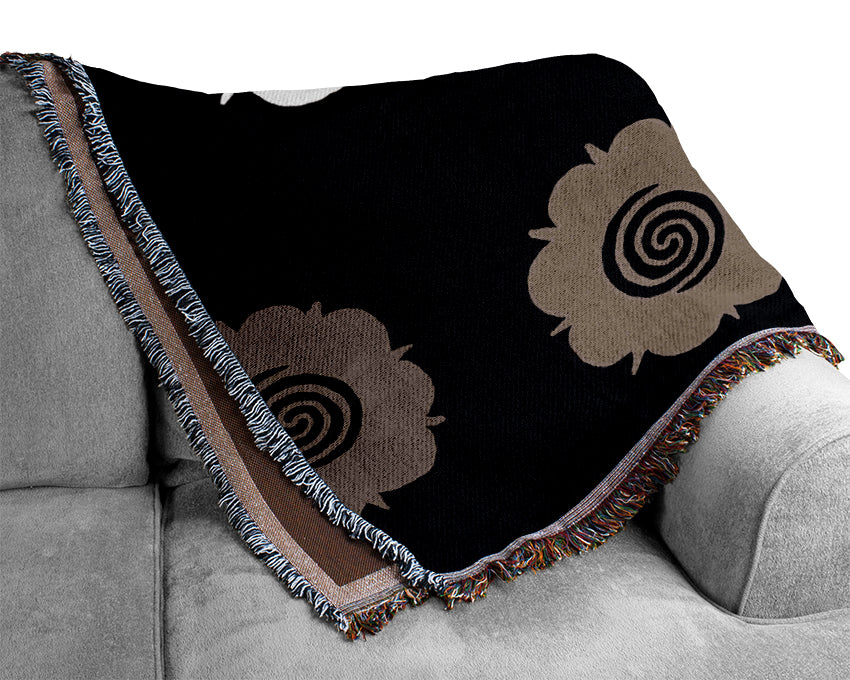 Flowers Beige On Black Woven Blanket