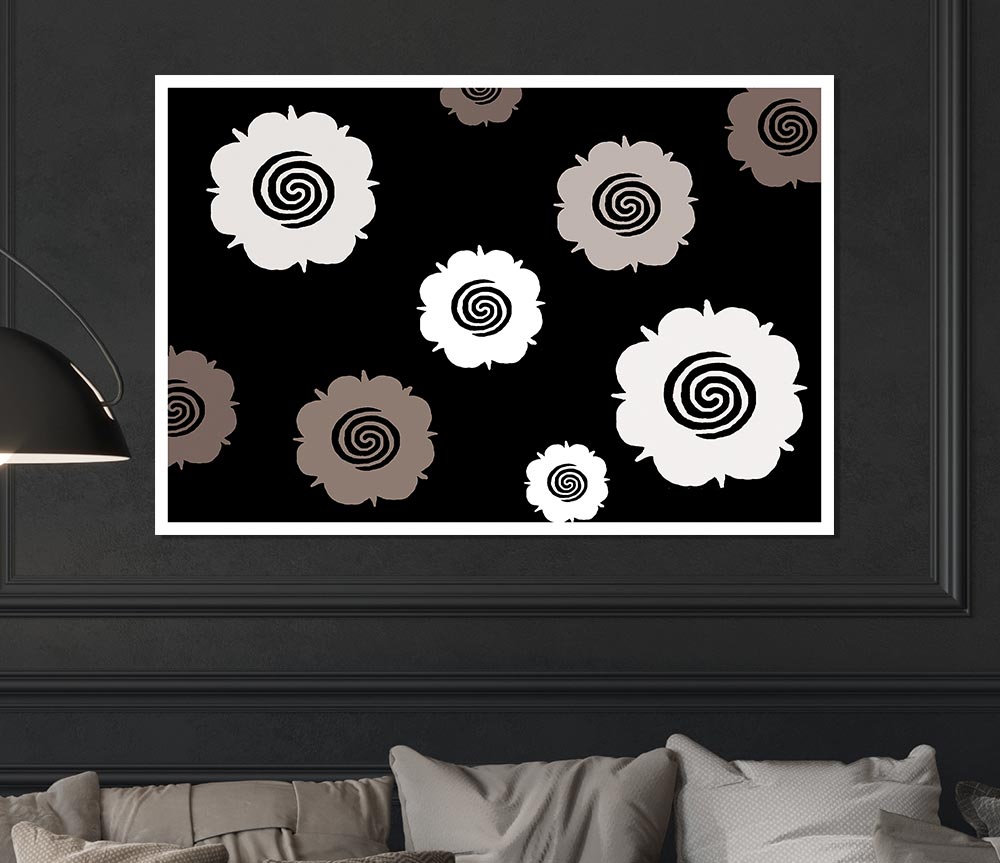 Flowers Beige On Black Print Poster Wall Art