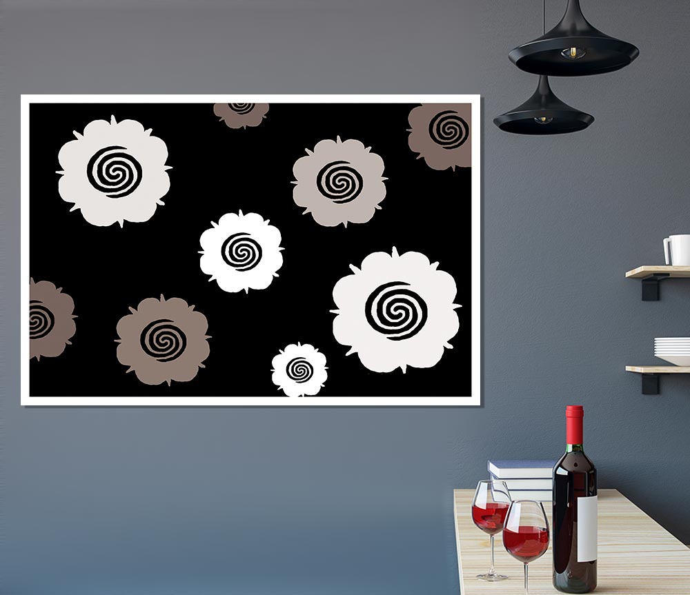 Flowers Beige On Black Print Poster Wall Art