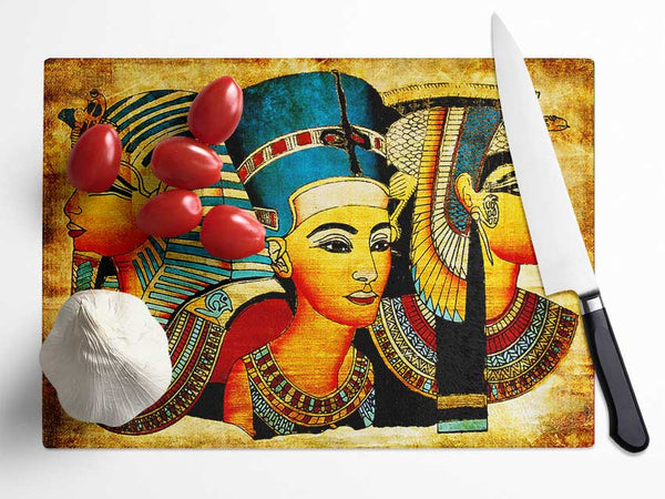 Heads Of Three Egyptian Queens n Kings Glass Chopping Board