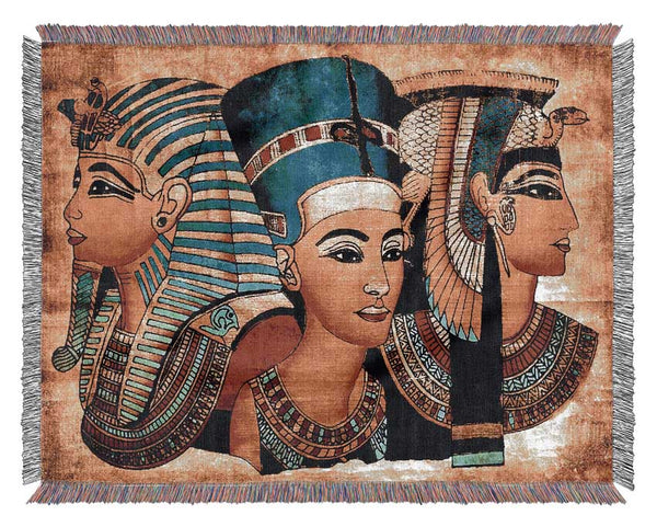 Heads Of Three Egyptian Queens n Kings Woven Blanket