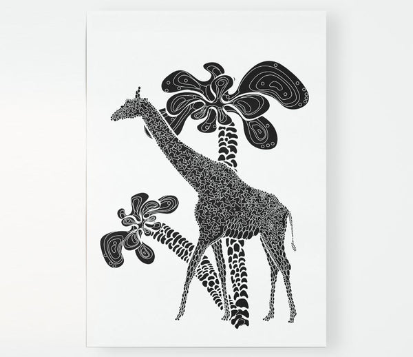 Giraffe Safari B N W Print Poster Wall Art