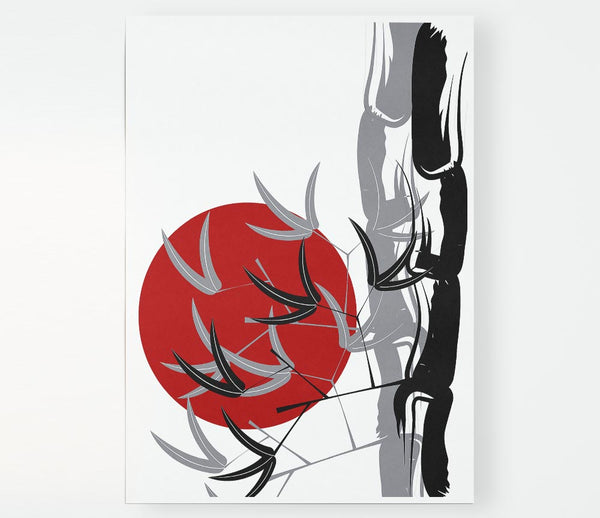 Bamboo Leaves In The Red Sun Print Poster Wall Art