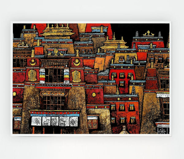 Tibetan Art Houses Print Poster Wall Art