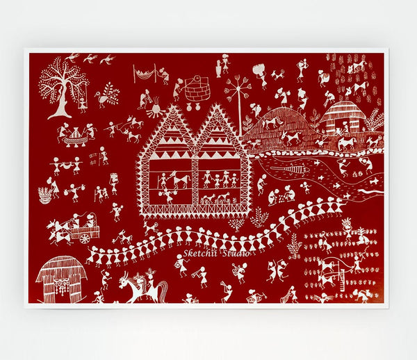 Aboriginal Warli Tribal Village Celebrations Print Poster Wall Art