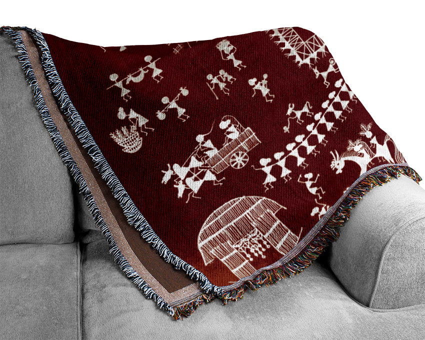 Aboriginal Warli Tribal Village Celebrations Woven Blanket