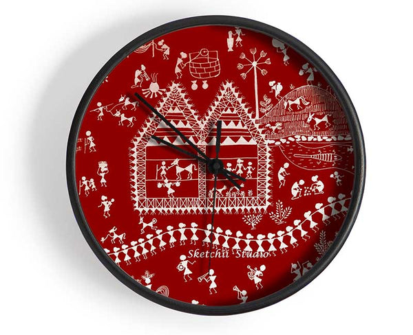 Aboriginal Warli Tribal Village Celebrations Clock - Wallart-Direct UK