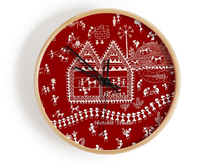 Aboriginal Warli Tribal Village Celebrations Clock - Wallart-Direct UK