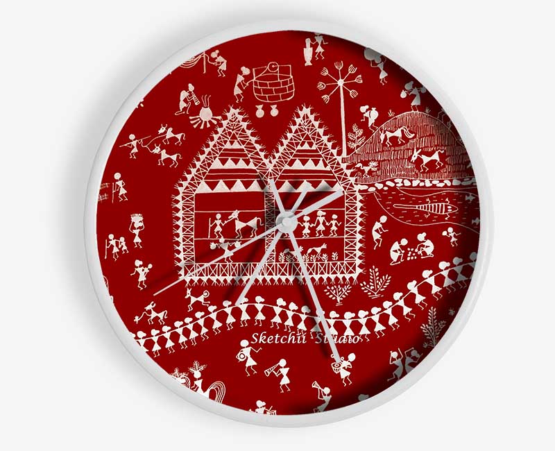 Aboriginal Warli Tribal Village Celebrations Clock - Wallart-Direct UK