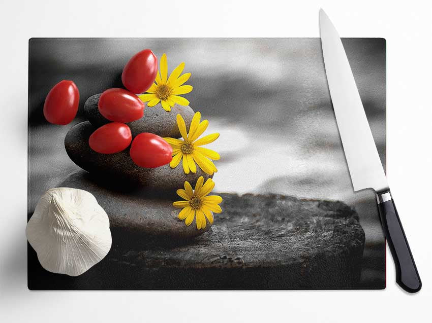 Zen Flowered Stones Glass Chopping Board