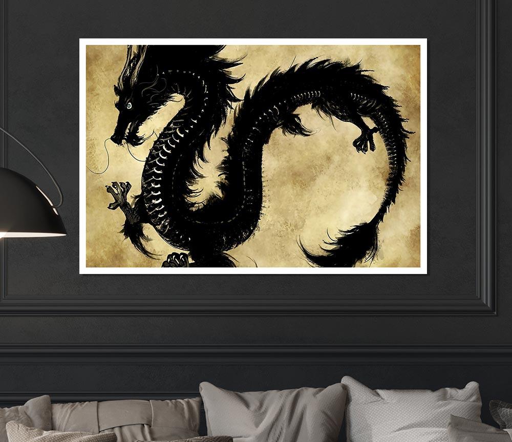 Chinese Black Dragon Print Poster Wall Art