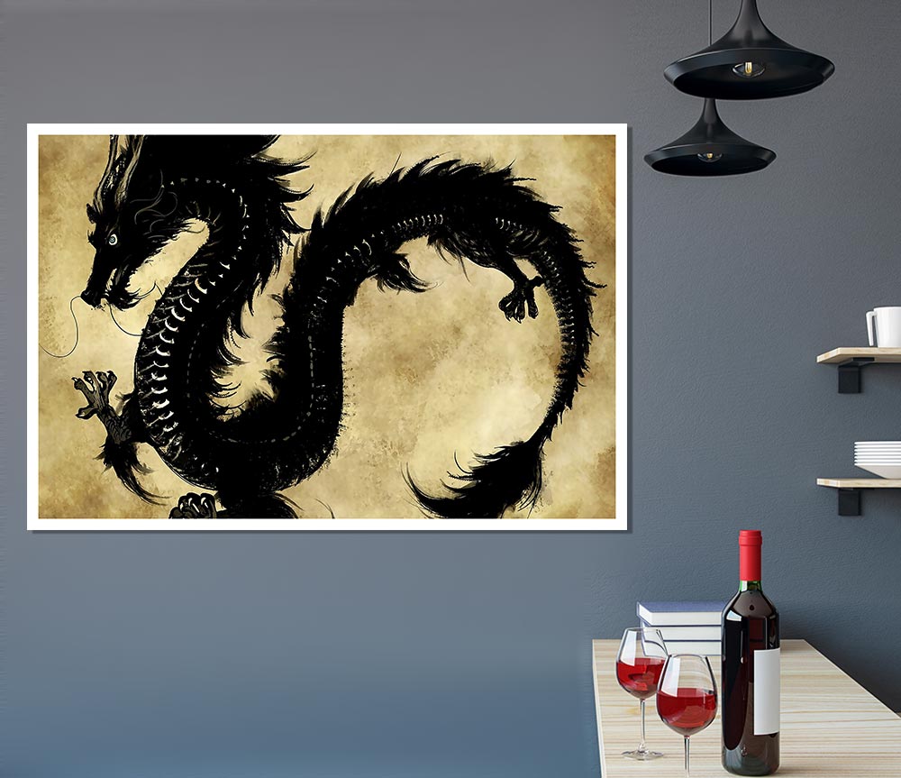 Chinese Black Dragon Print Poster Wall Art