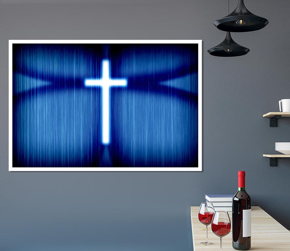 Christian White Cross Blue Background Print Poster Wall Art