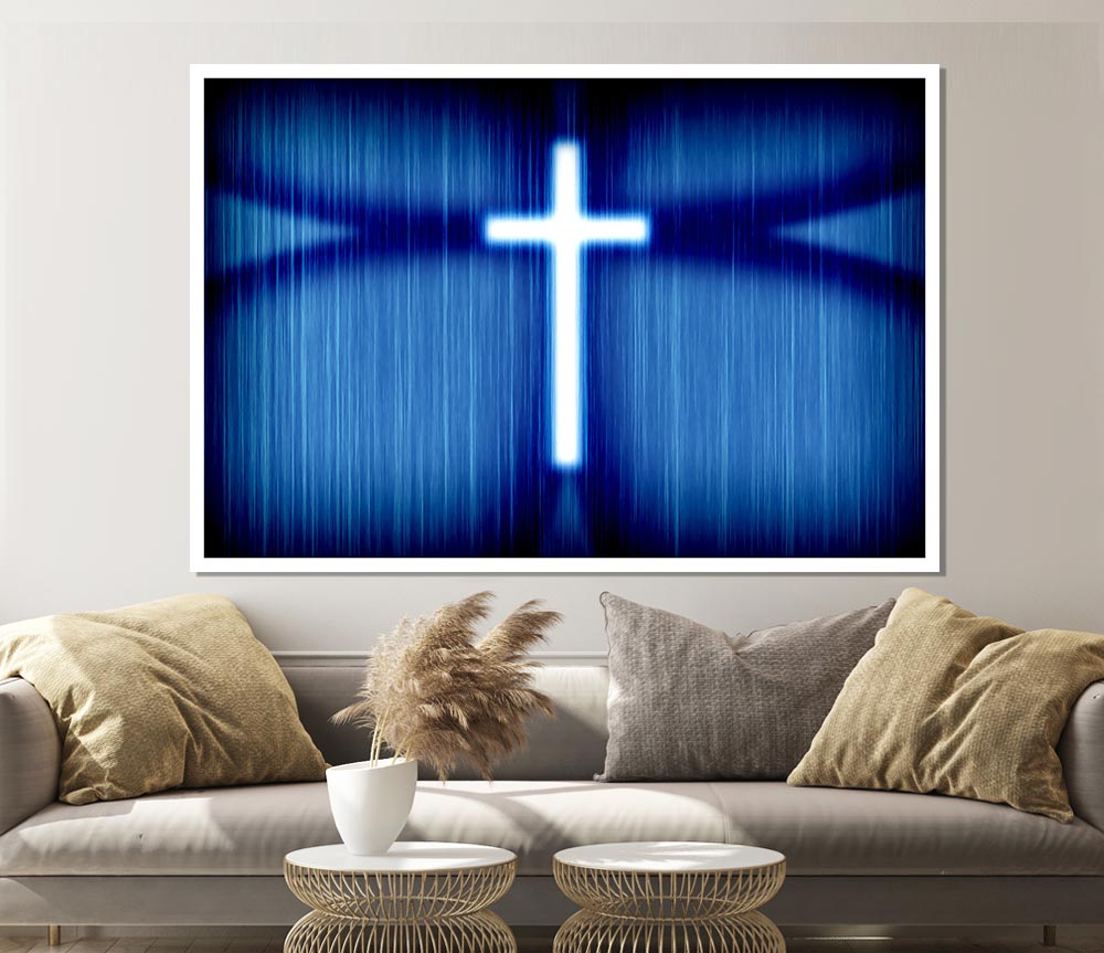 Christian White Cross Blue Background Print Poster Wall Art