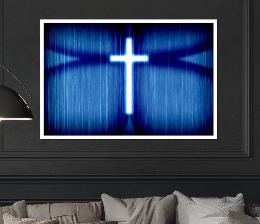 Christian White Cross Blue Background Print Poster Wall Art