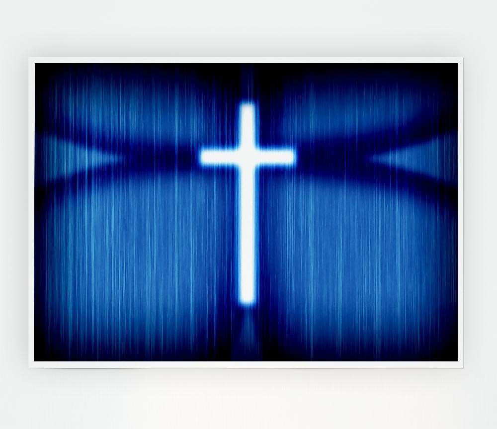 Christian White Cross Blue Background Print Poster Wall Art