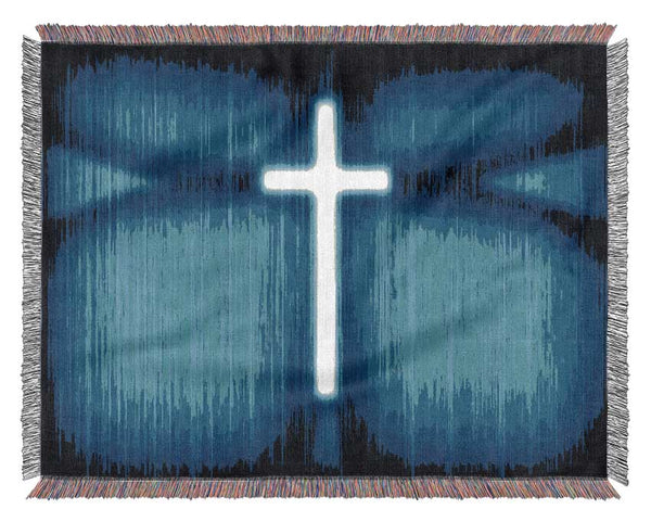 Christian White Cross Blue Background Woven Blanket