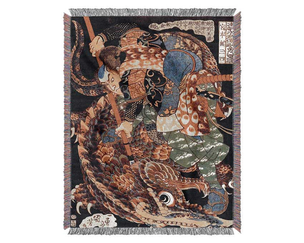 Japanese Miyamoto Musashi Killing A Giant Nue Woven Blanket