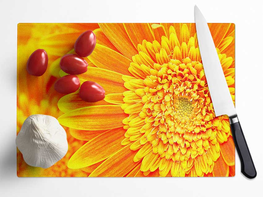 Orange Yellow Gerbera Face Glass Chopping Board