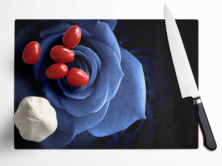 Blue Rose On Black Glass Chopping Board