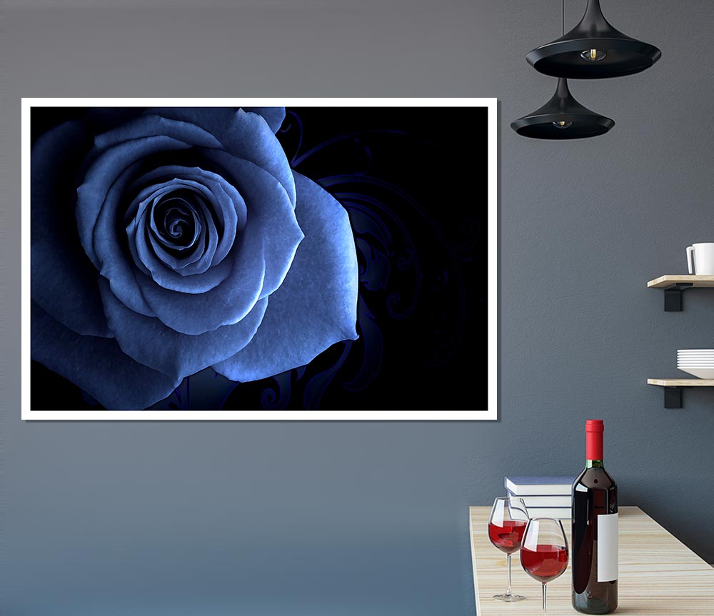 Blue Rose On Black Print Poster Wall Art