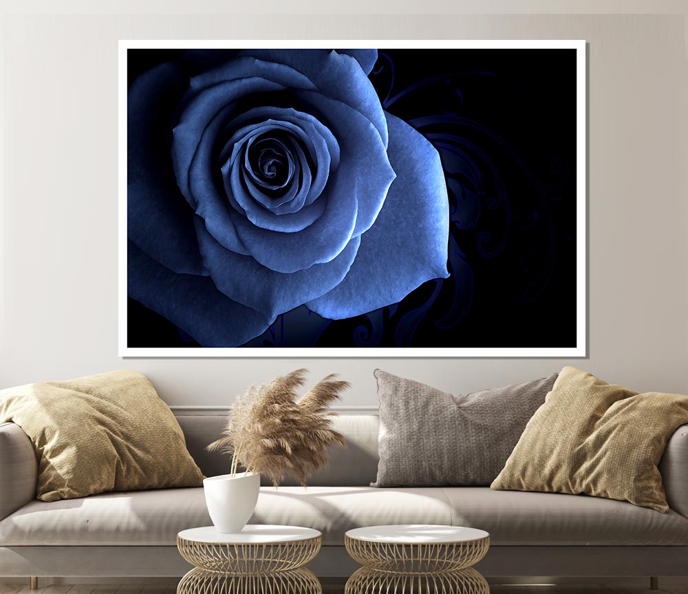 Blue Rose On Black Print Poster Wall Art