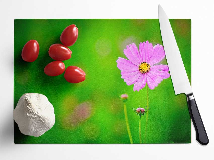 Pink Flower Green Background Glass Chopping Board