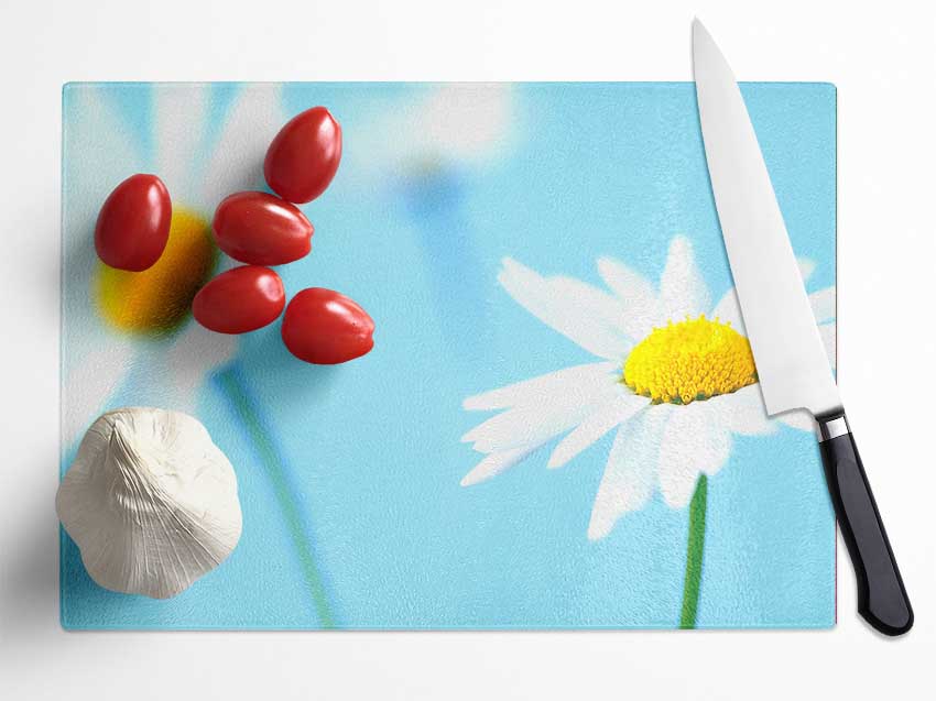 White Daisies On Blue Glass Chopping Board