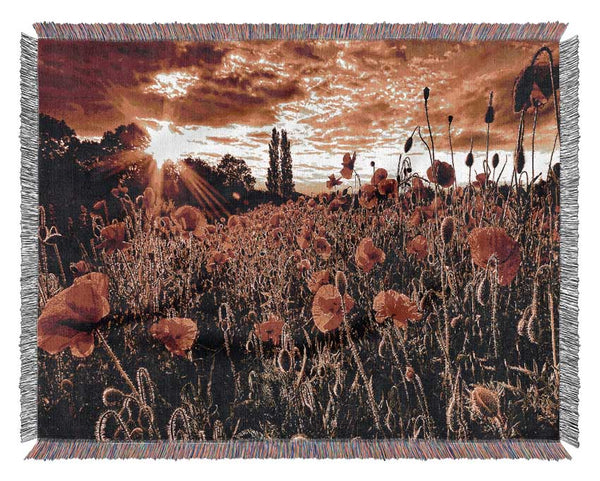 Red Poppy Field At Sunset Woven Blanket