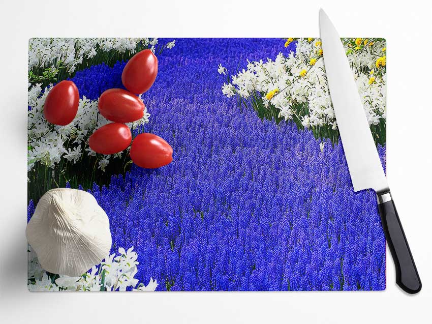 Grape Hyacinths And Daffodils Glass Chopping Board