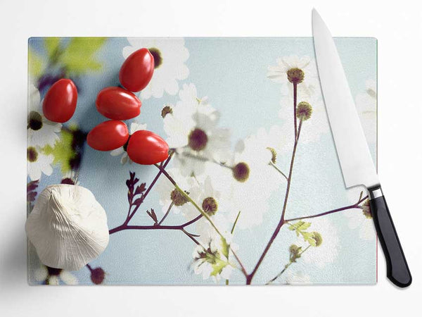 White Summer Flowers Glass Chopping Board