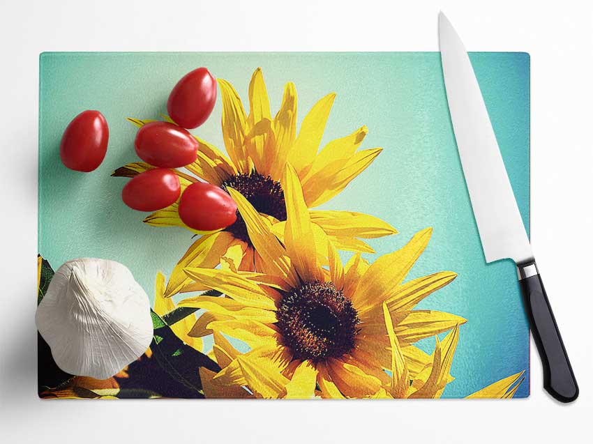 Sunflowers Against Blue Sky Glass Chopping Board