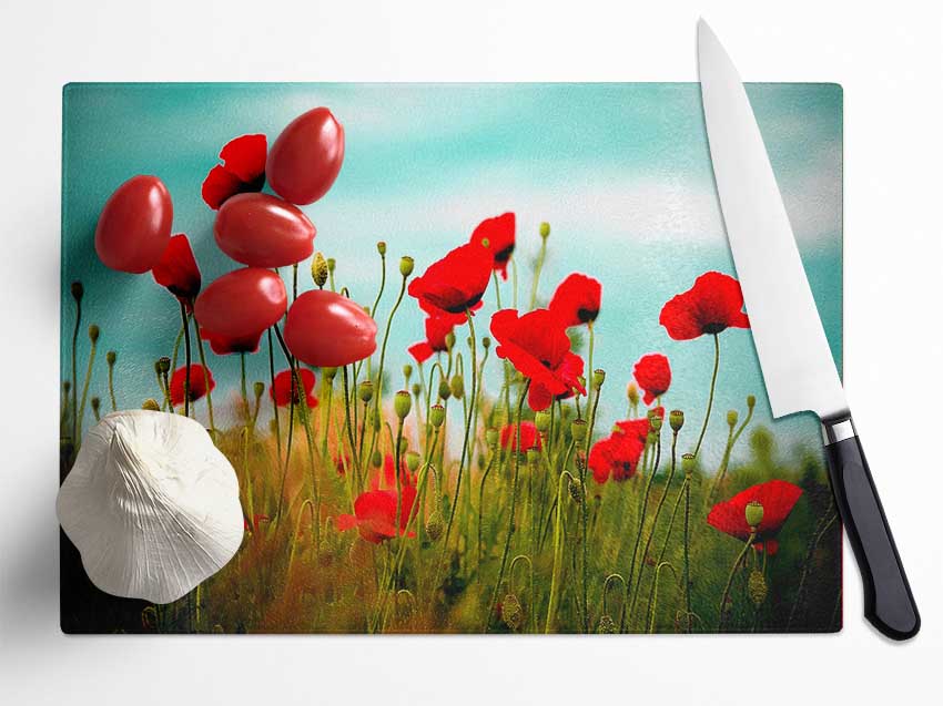 Beautiful Poppy Field Skies Glass Chopping Board