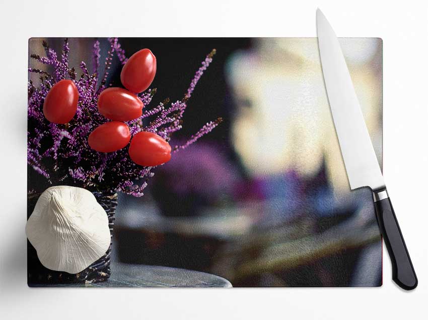 Purple Flowers In A Basket Glass Chopping Board