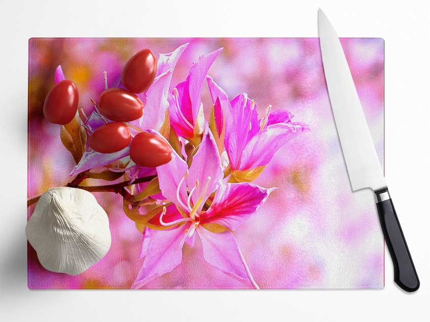 Stunning Deep Pink Flowers Glass Chopping Board