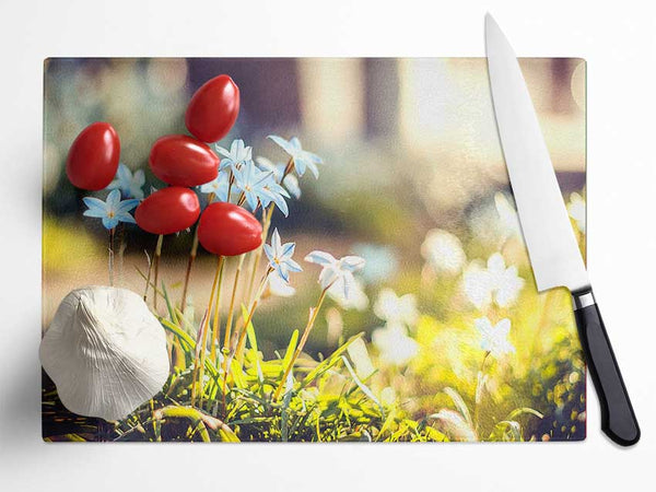 Soft Blue Garden Flowers Glass Chopping Board