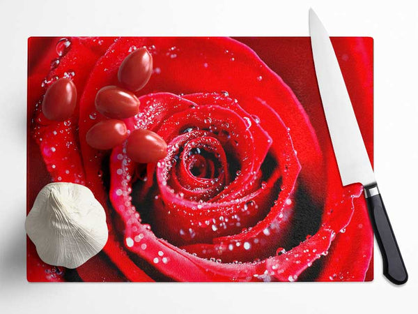 Water Drops On Red Rose Glass Chopping Board