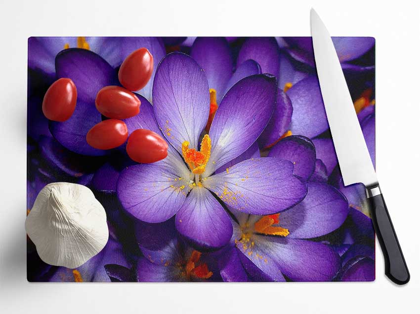 Autumn Purple Crocus Glass Chopping Board