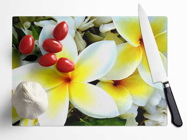 White Yellow Flowers Glass Chopping Board