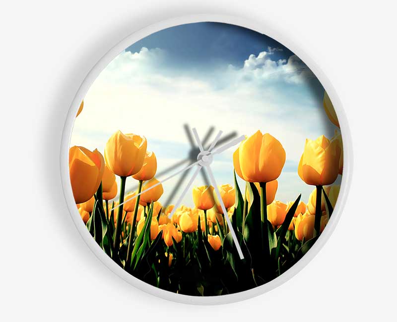 Yellow Tulips In The Cloudy Skies Clock - Wallart-Direct UK