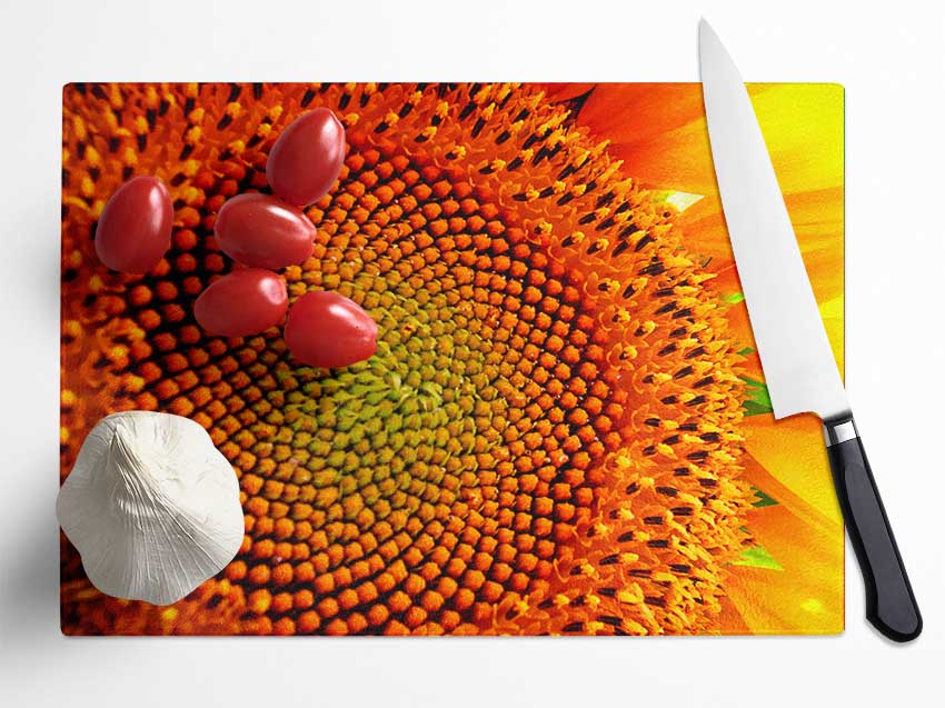 Stunning Sunflower Close-Up Glass Chopping Board