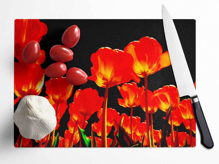 Orange Tulips Black Skies Glass Chopping Board