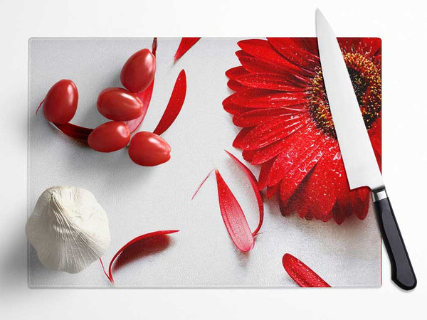 Red Gerbera Fallen Petals Glass Chopping Board