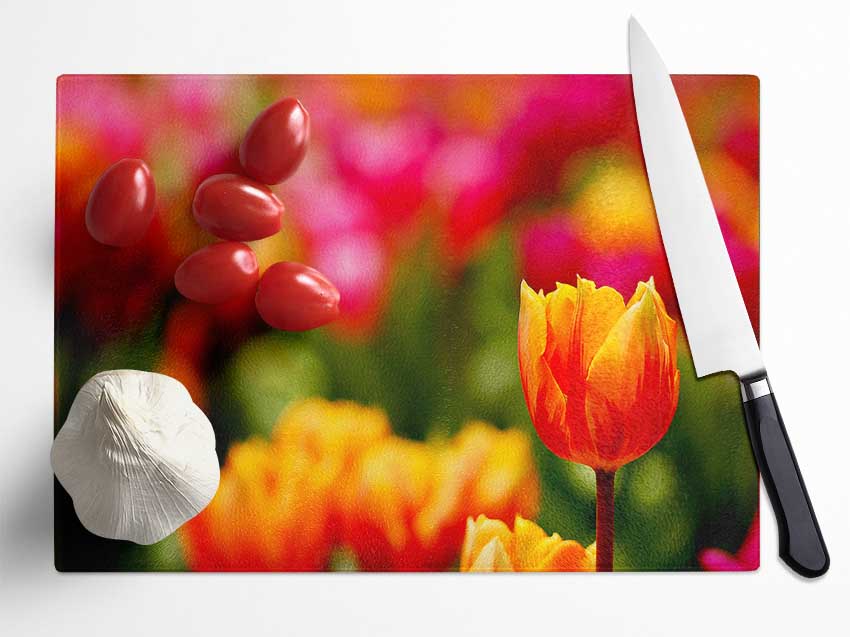 Orange Tulips In Bloom Glass Chopping Board